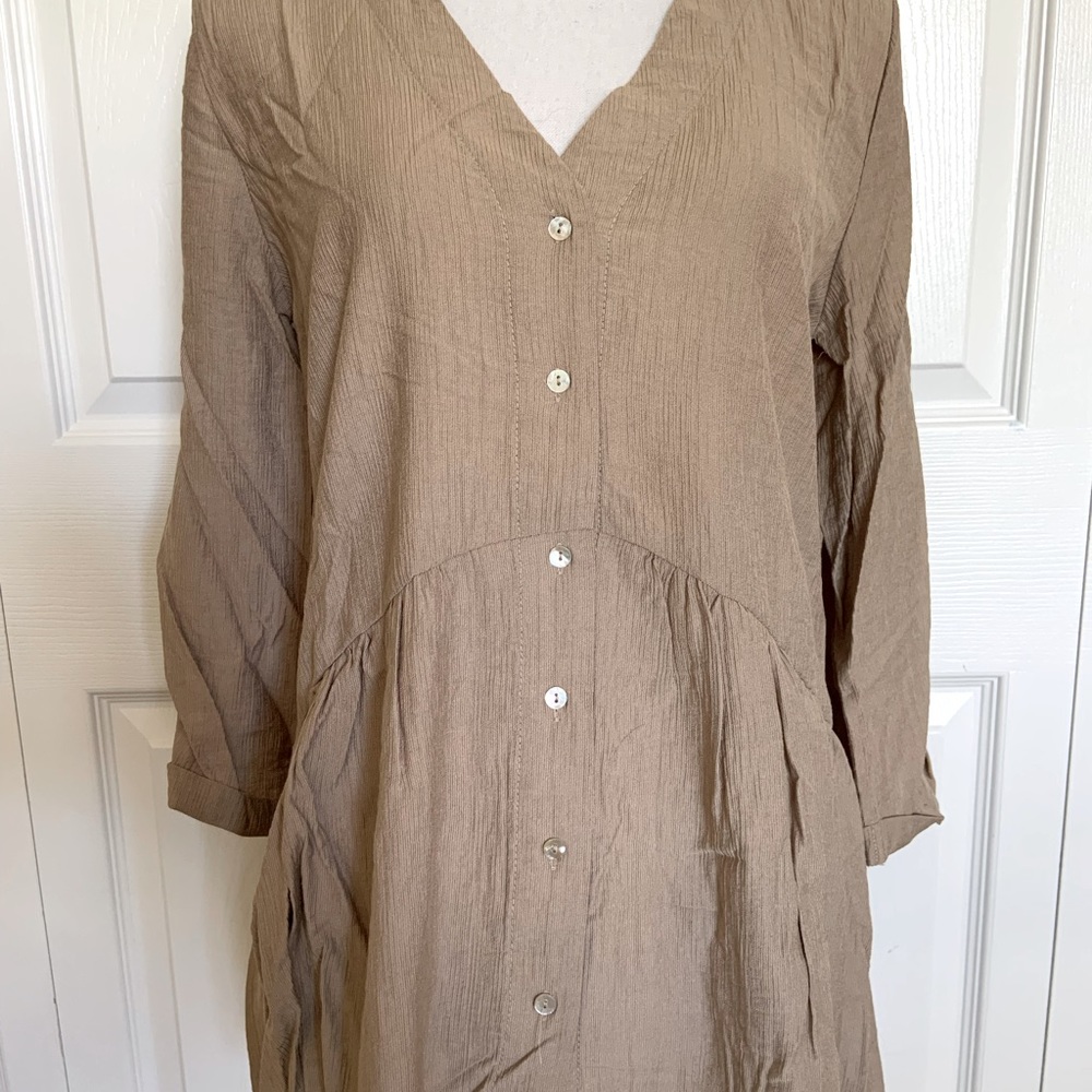 Tan Button Down V-Neck Blouse